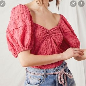 Free People Coral Lace ‎ Puff Sleeve Bodysuit